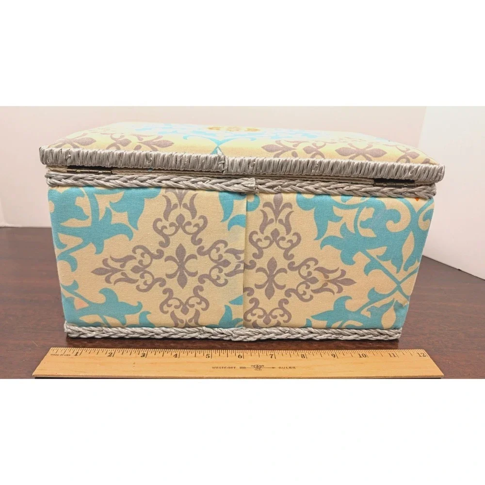 Fabric Sewing Basket Box Aqua Gray Damask Padded Lid Handle Craft Storage Notion